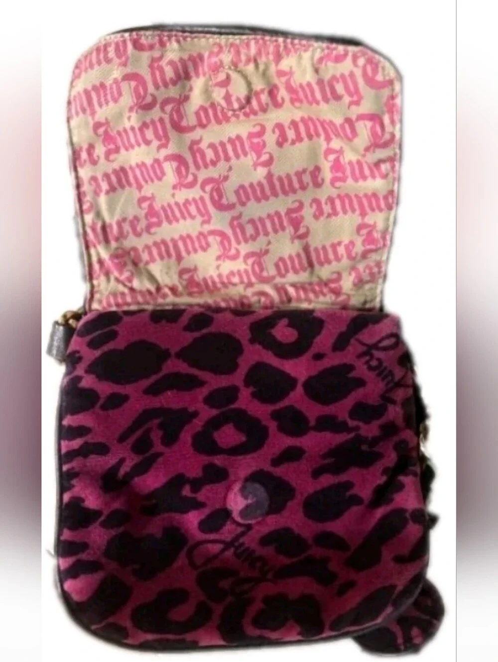 💗Rare Juicy Couture Y2k Small Fuschia Pink Black Velour Leopard Print Crossbody